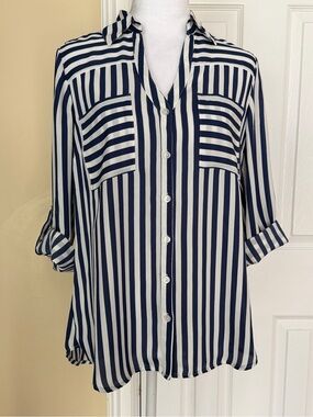 BCX Blue & White Striped Button Front Blouse Spread Collar Roll Cuff Sleeves Med